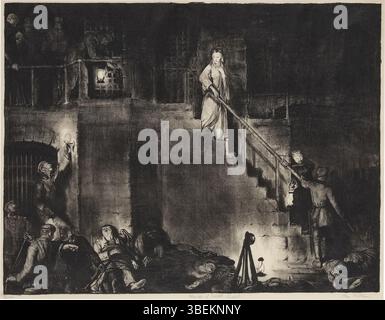 George Bellows’ 1918 entstandener Druck „Murder of Edith Cavell“ zeigt die tragische Hinrichtung der britischen Krankenschwester Edith Cavell. Dieser spezifische Druck ist Nummer 33 aus einer Ausgabe von 103, der die Emotionen und die historische Bedeutung des Ereignisses festlegt. Stockfoto
