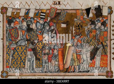 Diese Miniatur aus einem Manuskript aus dem 14. Jahrhundert zeigt die Schlacht von Crécy im Jahr 1346, einen entscheidenden Moment im Hundertjährigen Krieg. Die Szene zeigt den militärischen Konflikt zwischen englischen und französischen Streitkräften. Stockfoto
