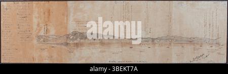 Eine Skizze von Clyde McGilp am 25. April 1915, die die Landung der Gallipoli von einem Aussichtspunkt auf dem Meer zeigt. Die Zeichnung, die mit Stift und Tinte auf Papier erstellt wurde, zeigt die Positionen der alliierten Schiffe und enthält ausführliche Anmerkungen. Das Stück misst 335 x 870 mm und ist Teil der Sammlung des Auckland Museums. Stockfoto