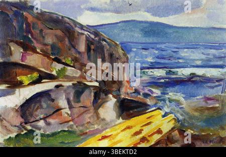 Coastal Landscape at Hvitsten (1915) von Edvard Munch fängt die natürliche Schönheit der norwegischen Küste ein. Mit seinen sanften Tönen und dem dramatischen Himmel spiegelt das Gemälde die kontinuierliche Erforschung emotionaler Landschaften und seine Verbindung zur Natur wider. Stockfoto