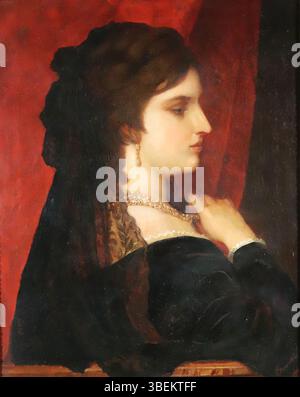 Dieses Ölgemälde von C. Karasek aus dem Jahr 1885 zeigt eine junge Dame im Profil, die in Schwarz mit einer Perlenkette gekleidet ist. Die Künstlerin fängt ihre Eleganz und ihr ausgeglichenes Verhalten ein und hebt die feinen Details ihrer Kleidung und Gesichtszüge hervor. Stockfoto