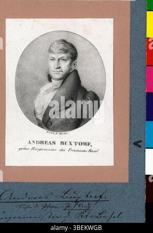 Die von A. Merian erstellte Lithografie stellt Andreas Buxtorf dar, die zwischen 1800 und 1899 entstanden ist. Der Druck spiegelt den künstlerischen Stil und die Techniken der Porträtmalerei des 19. Jahrhunderts wider. Stockfoto