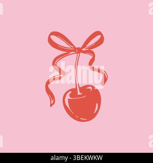 Handgezeichnete Linokirsche mit süßer Schleife. Koketten-Doodle-Zeichnung im Dolce vita-Stil. Minimalistische Kunst Ästhetik mädchenhafte Vektor-Illustration. Balle Stock Vektor