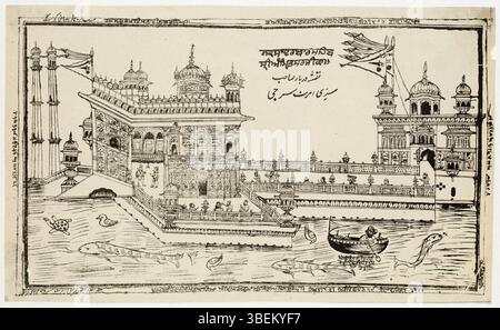 Dieser Holzschnitt aus den 1870er Jahren zeigt den Goldenen Tempel, auch bekannt als Harmandir Sahib, in Amritsar, Indien. Das Bild fängt die Größe und Bedeutung des Tempels in der Sikh-Kultur ein und spiegelt die architektonische Schönheit des Gebäudes im späten 19. Jahrhundert wider. Stockfoto