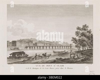 Ein Stich von Claude-Mathieu Fessard aus dem Jahr 1786 zeigt den Fluss Rhône, die Brücke St. Clair und den Berg Croix-Rousse. Der Stich, der auf einer Zeichnung von Jean-Baptiste Lallemand basiert, ist Teil der „Voyage pittoresque de la France“ und bietet einen malerischen Blick auf Lyon. Stockfoto