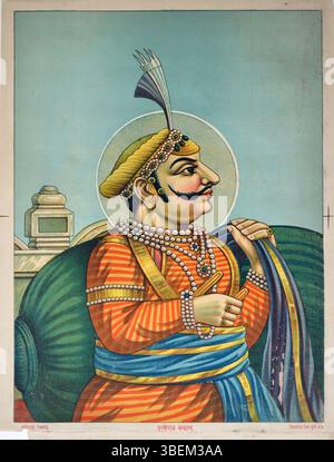 Druck aus der Chitrashala Press, Pune, aus den 1880er–1890er Jahren, mit einem Porträt von Prithviraj Chauhan, das wahrscheinlich für eine populäre Auflage bestimmt ist. Stockfoto