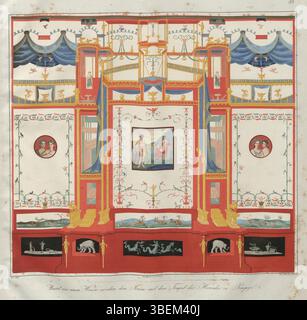 Dieses Aquarell von Wilhelm Zahn zeigt ein Wandfresko aus einem Pompeji-Haus, das sich zwischen dem Forum und dem Herkules-Tempel befindet und einen Einblick in das römische Leben vor dem Ausbruch des Vesuvs im Jahr 79 n. Chr. bietet. Stockfoto
