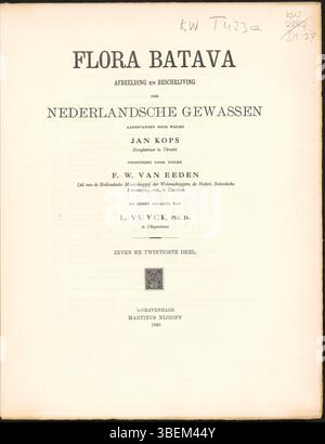 Die Titelseite von Flora Batava, Band 27, veröffentlicht 1930 von Laurens Vuyck, zeigt Illustrationen und Beschreibungen von Pflanzen aus der Reihe „Afbeelding en Beschrijving der Nederlandsche Gewassen“. Dieser Band befasst sich weiterhin mit der botanischen Vielfalt der Niederlande und konzentriert sich dabei auf einheimische Pflanzenarten. Stockfoto