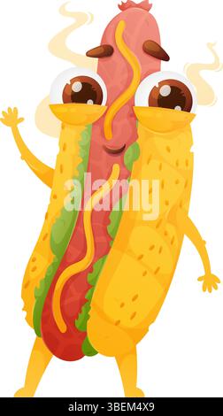 Dies ist eine Zeichentrickdarstellung einer Hotdog-Figur. Der Hot Dog ist als Maskottchen mit humanen Merkmalen wie Augen und Armen gestaltet. Der Stil Stock Vektor