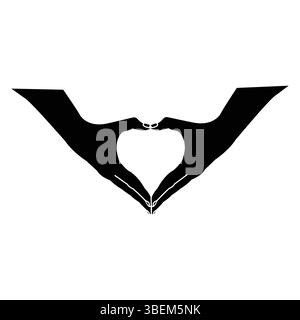 Zwei Hände bilden eine herzförmige Silhouette, die Finger berühren, vor weißem Hintergrund, die Liebe und Verbindung vermitteln; ideal für Valentinstag-Promo Stock Vektor