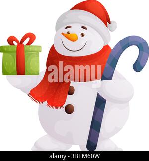 Fröhlicher Schneemann mit Weihnachtsmütze und Schal mit Geschenk und Zuckerrohr, perfekt für festliche Weihnachtskarten oder Social-Media-Posts. Frohe Feiertage und Chr Stock Vektor