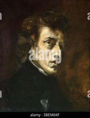 Dieses Gemälde von Eugène Delacroix aus dem Jahr 1838 zeigt den berühmten Komponisten Frédéric Chopin. Das Werk fängt das Wesen von Chopins emotionaler und intellektueller Tiefe durch Delacroix' expressiven Stil ein. Stockfoto