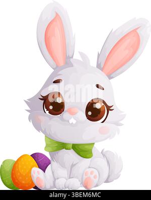 Entzückender Osterhase mit Karikatur, der neben dekorierten Ostereiern sitzt. Perfekt für Frühlingsferien und festliche Designs. Eine bezaubernde Illustration Stock Vektor