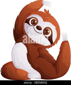 Das ist eine charmante Zeichentrickillustration eines niedlichen Faultchens, der sitzt und lächelt. Das Faultier ist braun und weiß, mit großen braunen Augen und ist auf einem wh isoliert Stock Vektor