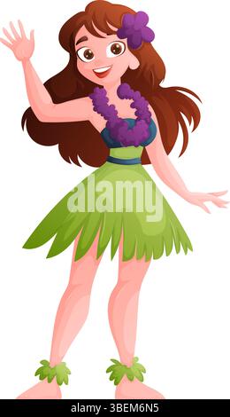Ein fröhliches Cartoon-Hula-Mädchen mit braunen Haaren, lei, Grasrock und Blume im Haar winkt Hallo. Sie lächelt und sieht sehr befreundet aus Stock Vektor