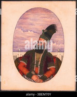 Ein Porträt von Shah Shuja al-Mulk Durrani aus dem 19. Jahrhundert, dem afghanischen Herrscher des Durrani-Reiches, Teil der Toor-Sammlung. Shah Shujas Porträt ist bekannt für seine turbulente Herrschaft und fängt das königliche Bild eines Monarchen ein. Stockfoto