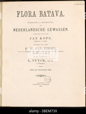 Die Titelseite von Flora Batava, Band 22, aus dem Jahr 1906, von Laurens Vuyck geschaffen, ist Teil der botanischen Reihe „Afbeelding en Beschrijving der Nederlandsche Gewassen“. In diesem Band werden verschiedene in den Niederlanden gefundene Pflanzen mit wissenschaftlichen Illustrationen und Pflanzenbeschreibungen vorgestellt. Stockfoto