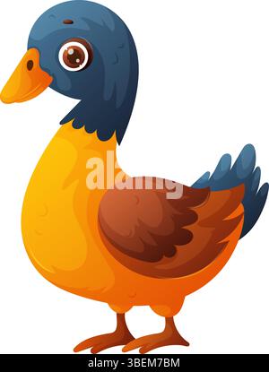 Eine lebendige Zeichentrickillustration einer Ente mit blauem Kopf, fröhlichem orangenem Körper und reizvollen braunen Akzenten. Die Ente ist direkt im Piktu Stock Vektor