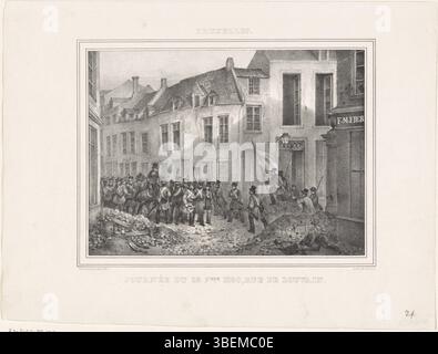 Diese Illustration von Jean-Louis Van Hemelryck zeigt eine Barrikade am Leuvenseweg in Brüssel am 23. September 1830 während der belgischen Revolution. Das Kunstwerk liefert eine historische Aufzeichnung der Unruhen, die zur Unabhängigkeit Belgiens führten. Stockfoto