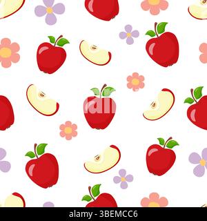 Muster von roten Äpfeln mit grünen Blättern. Ganze Früchte und Scheiben, mit lila Blumen, handgezeichnete Vektorillustrationen. Stock Vektor
