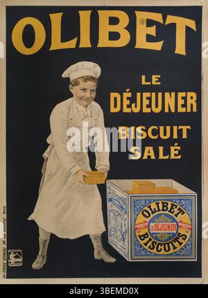 Dieses Werbeplakat aus dem frühen 20. Jahrhundert wirbt für Olibet Biscuits mit dem Slogan „LE DEJEUNER“. Das Design spiegelt die populären Kunststile dieser Zeit wider und zeigt französische kommerzielle Kunst des frühen 20. Jahrhunderts. Stockfoto