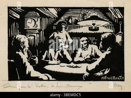 Tuschzeichnung auf Papier von Alfred Martin, entstanden zwischen 1925 und 1930 mit dem Titel „Dessin pour la Veillée de Louis Banneux“. Das Stück ist 11 x 17,2 cm groß und wird vom Musée de la Vie wallonne gehalten, das eine kontemplative Szene darstellt. Stockfoto