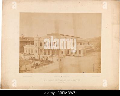 Eine weitere Fotografie von J. B. Rottmayer aus der Zeit um 1877 zeigt auch den neu errichteten Südbahnhof in Triest. Das Bild zeigt die moderne architektonische Gestaltung des Bahnhofs und die damalige Infrastrukturentwicklung in Triest. Stockfoto