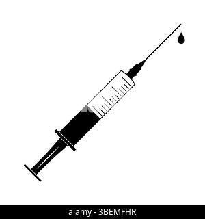 Medizinische Spritze mit Tropfen. Schwarz-weiß-Vektor-Illustration einer medizinischen Spritze mit einem sichtbaren Tropfen an der Nadelspitze. Stock Vektor