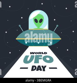 World UFO Day Grüße Social Media Post Template Hintergrund mit grünen Außerirdischen und fliegenden Untertassen. Hintergrund-Illustration zum World UFO Day Stock Vektor