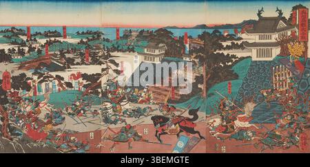 Kunstwerk aus dem Jahr 1880 des japanischen Ukiyo-e-Künstlers Utagawa Yoshitora, bekannt für Holzschnitte, die historische und zeitgenössische Szenen darstellen. Stockfoto