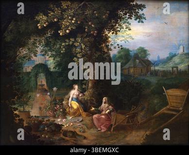 Dieses Gemälde aus dem 17. Jahrhundert, *Vertumne et Pomone*, von Frans II. Francken, ist im Louvre Museum untergebracht. Es zeigt die mythologischen Götter Vertumnus und Pomona und erforscht Themen der Transformation und Liebe in der klassischen Mythologie. Das zwischen 1600 und 1650 entstandene Kunstwerk ist eine Darstellung der barocken Kunst und der künstlerischen Interpretation römischer Mythen. Stockfoto