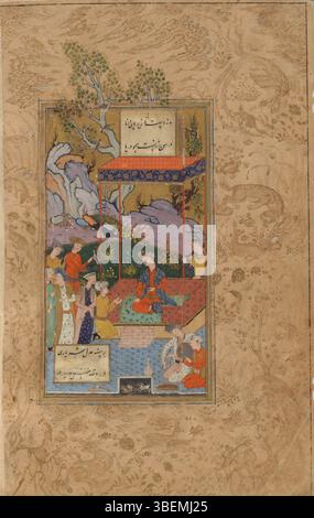 Dieses Manuskript wurde in schwarzer Tinte in der kleinen professionellen nastaliq-Schrift geschrieben und verfügt über zwei Textspalten, die von farbigen Linien begrenzt sind. Die Bänder zeigen Vögel und Tiere in Gold umrandet, und das erste Blatt ist beleuchtet. Drei Miniaturen aus der Isfahan-Schule sind vorhanden. Das Kolophon bestätigt, dass das Manuskript am 9. April 1604 in der Hand von Shh Qsim fertiggestellt wurde. Stockfoto