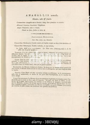 Französische Beschreibung von Anagallis arvensis (Scharlach-Pimpernel), 1800, von Jan Kops, einschließlich Platte 0003 aus der Flora Batava-Serie. Stockfoto