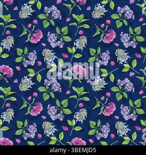 Hortensie-Blüten-Muster. Aquarell von rosa, lila und weißen Blumen mit Schatten und rosa Blüten auf einem dunkelblauen Hintergrund. Gut für Postkarten Stockfoto