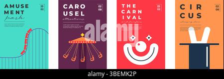 Farbenfrohes Poster mit Riesenrad, Achterbahn, Karussell und Clown-Silhouetten. Jahrmarkt- und Zirkusthema. Flaches Vektor-Design für Flyer, Einladung oder Karnevalsfeier. Stock Vektor