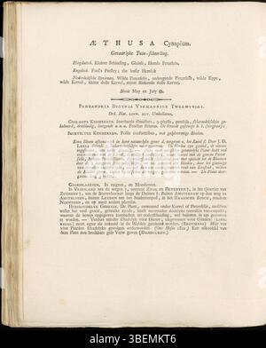 Diese Platte aus der Serie Flora Batava von Jan Kops (1800) zeigt Aethusa cynapium, allgemein bekannt als NarrenPetersilie. Es handelt sich um eine toxische Pflanze, die in Europa beheimatet ist und der Petersilie sehr ähnlich ist, was sie bei falscher Identifizierung zu einer potenziellen Gefahr macht. Stockfoto