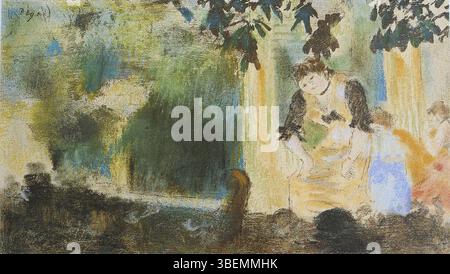 *Mrs. Bécat aux Ambassadeurs* von Edgar Degas fängt eine Szene raffinierter Eleganz ein und zeigt Mrs. Bécat im Ambassadeurs, einem berühmten Pariser Veranstaltungsort. Das Gemälde unterstreicht Degas’ Geschick in der Darstellung sozialer Interaktionen und der modischen Gesellschaft während des späten 19. Jahrhunderts und betont Details, Farben und Komposition. Stockfoto