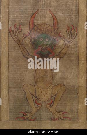 Der *Codex Gigas*, ein Manuskript aus dem 13. Jahrhundert von Herman dem Einsiedler, enthält eine berühmte Darstellung des Teufels auf Folio 290 recto. Das beleuchtete Porträt ist ein ikonisches Merkmal der Handschrift, bekannt für ihre große Größe und ihr detailliertes Design, die Anfang der 1200er Jahre im Benediktinerkloster Podlaice entstand Stockfoto