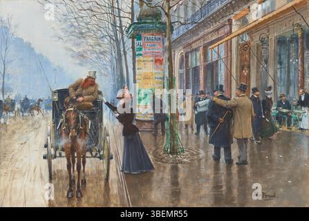 „Scène de rue Parisienne“ von Jean Béraud ist ein Gemälde aus dem späten 19. Jahrhundert, das eine Pariser Straßenszene um 1897–1898 einnimmt. Das Werk spiegelt die lebhafte Atmosphäre der Pariser Straßen während dieser Zeit wider. Stockfoto