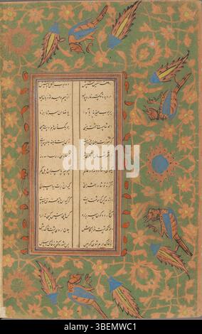 Ein Manuskript in kleiner professioneller nastaliq-Schrift, mit schwarzer Tinte in zwei Spalten, mit Text, der von mehreren farbigen Linien in Rot, Grün, Gold, Schwarz und Blau eingerahmt wird. Die Seitenränder zeigen Muster von Vögeln und Tieren, die in Gold umrandet sind. Das erste Blatt wird beleuchtet. Es gibt zahlreiche anikonische Kopfstücke und drei Miniaturen der Isfahan-Schule. Das Kolophon weist auf die Fertigstellung am 9. April 1604 in der Hand von Shh Qsim hin. Stockfoto