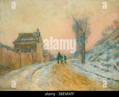 Albert Lebourgs „La Charrette dans la Neige sur la Route de Mont-Gargan“ (Rouen, 1928) fängt eine ländliche Winterszene mit einem Wagen auf einer schneebedeckten Straße ein. Der Fokus des Gemäldes auf gedämpfte Töne und atmosphärisches Licht veranschaulicht Lebourgs impressionistischen Stil. Stockfoto