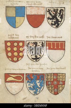 Folio 006v aus dem Wapenboek Beyeren, ein Wappenmanuskript aus den Jahren 1402 bis 1405, das Wappen und Wappenmuster europäischer Adelsfamilien zeigt. Stockfoto