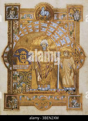 Der Uta-Codex, der vom Meister des Uta Codex im 11. Jahrhundert geschaffen wurde, enthält eine Szene, die den Heiligen Erhard Reading Mass zeigt. Dieses Gemälde, Teil einer religiösen Handschrift, ist ein wichtiges Beispiel mittelalterlicher religiöser Kunst aus dieser Zeit. Stockfoto