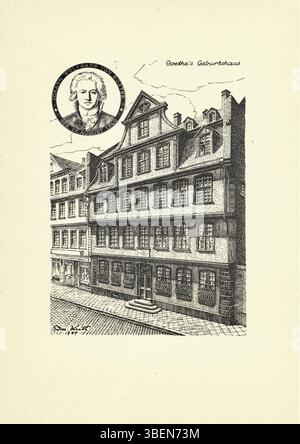 Diese Zeichnung von Edmund Kuth (1944) zeigt den Geburtsort von Johann Wolfgang von Goethe in Frankfurt. Goethes Haus am Großen Hirschgraben verbrachte der Dichter seine Kindheit und frühe Jugend und zog 1775 nach Weimar. Das Haus ist heute ein Museum, das seinem Leben und Werk gewidmet ist. Stockfoto
