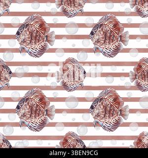 Nahtloses Muster mit Diskusfischen. Rote tropische Fische mit Muster. Einfaches geometrisches Muster mit roten Streifen. Transparente Blasen. Aquarell Stockfoto