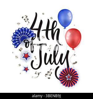 4. Juli Kalligraphie-Schriftzug mit bunten 3D-Papiersternen und Luftballons isoliert auf weißem Hintergrund. Banner, Poster, Grußkarte Design Stock Vektor