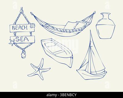 Eine Reihe von Strandkritzeleien. Handgezeichnete Umrissskizzen Stock Vektor