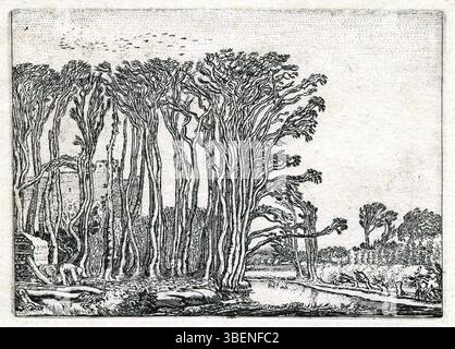 Ätzung von Willem Pieterszoon Buytewech aus dem Jahr 1621 mit einem Kohlebrenner neben einer Baumlinie, der ländliche Arbeit und natürliche Umwelt veranschaulicht. Stockfoto