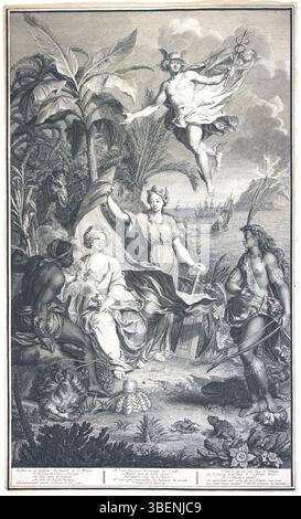 Bernard Picarts Kupferstich de vier Continenten en Mercurius zeigt eine Darstellung der vier Kontinente und des Gottes Mercury mit ausführlichen Hintergrunddetails. Das Kunstwerk ist ein wichtiges Beispiel für Stiche aus dem 18. Jahrhundert, reich an Symbolismus und Allegorie. Stockfoto