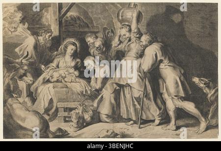 Ein Druck von „die Anbetung der Hirten“ von Peter Paul Rubens mit einem Stich von Lucas Vorsterman. Das Bild zeigt die Krippe und konzentriert sich auf die Anbetung des neugeborenen Christus durch die Hirten. Hergestellt im 17. Jahrhundert. Stockfoto